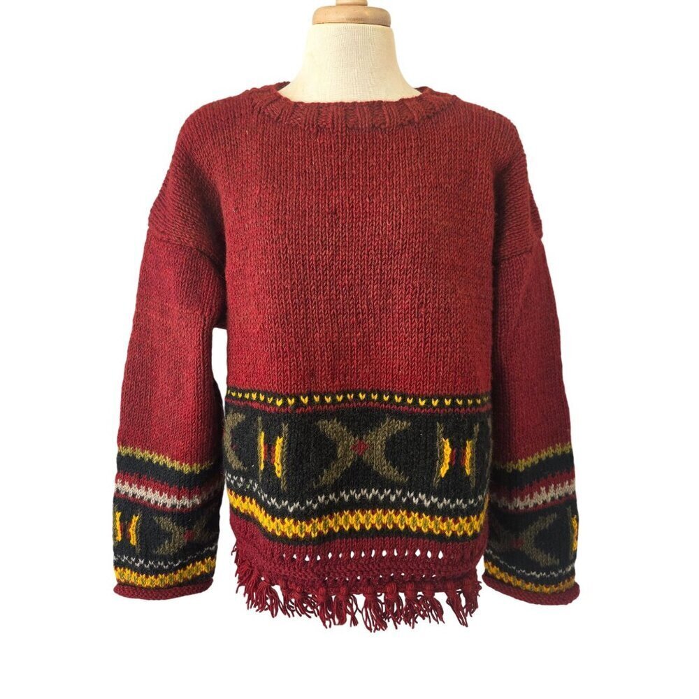 Hand Knit 80s/90s Boho Wool Sweater OverSz Uni M-XL Tribal Fringe Hem Brick Red